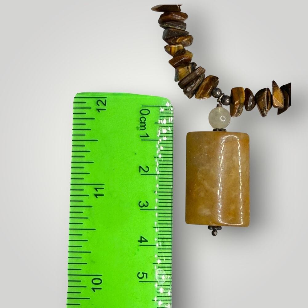 Vintage Tiger Eye Gemstone Chip Necklace Sterling Silver 925 Yellow Jade Pendant - Picture 12 of 13